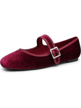 〽️Women's Mary Jane Flats Burgundy Velvet Square Toe Adjustable Buckle Strap
